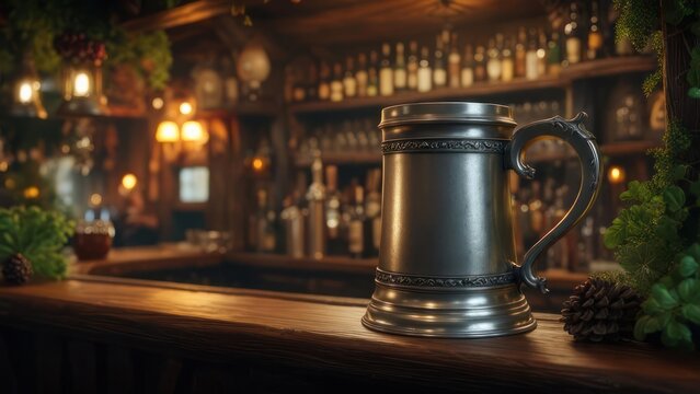 A pewter tankard rests on a dark wood bar in a dimly lit, rustic tavern setting with shelves of bottles and tap handles visible in the background.  Warm lighting enhances the scene's cozy atmosphere