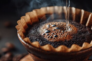 Brewing aromatic coffee with hot water, showcasing a close-up shot with a dark background