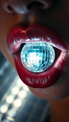 Extreme close-up of glossy lips gently gripping a small disco ball 