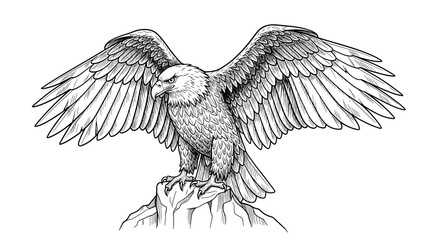 Majestic Eagle Spreading Wings on Mountain, Detailed Black and White Drawing