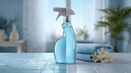 a refreshing shot of a blue cleaning spray, creating an essence of freshness with clean water drops