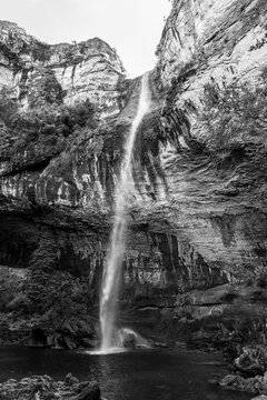Gudu Falls in the Royal Natal National Park. Monochrome
