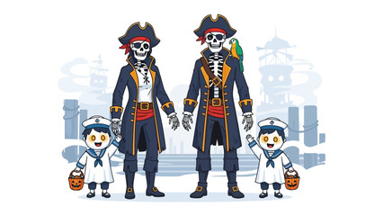 Pirate Family: A whimsical illustration depicts a family of pirates, including a couple of skull pirates and their young children, celebrating Halloween, full of spooky and nautical charm.