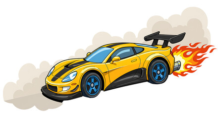 Cartoon Yellow Sports Car with Flames and Smoke on Transparent Background
