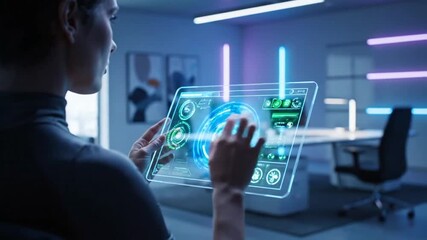 Futuristic businesswoman analyzing data on a transparent tablet in office - Powered by Adobe