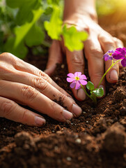 Hands Gently Planting Purple Flowers in Rich Soil in the Garden on Sunny Day