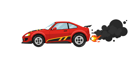 Red Race Car Burning Rubber with Black Smoke on Transparent Background