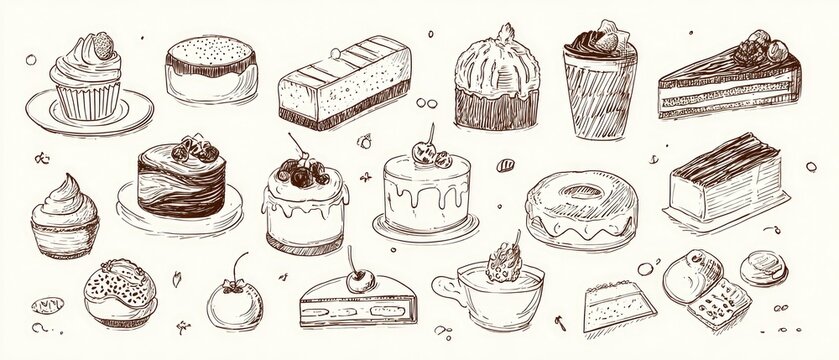 Hand-drawn collection of various sweet treats. Cakes, cupcakes, pastries, and other desserts are depicted in a brown ink line drawing style against a light background.