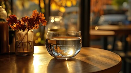 Autumn cafe drink, golden light, leaves reflection, blurred street view