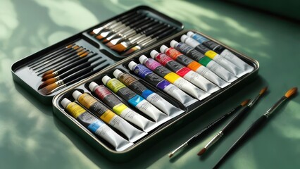 A portable art supply case containing various paint tubes in assorted colors and a set of paintbrushes, neatly organized
