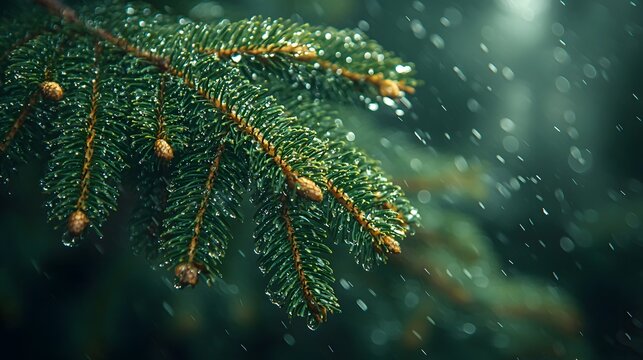 Close up of a wet pine branch with water droplets and cones in a misty forest
