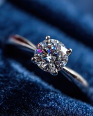 Close up view of a radiant diamond ring on a blue velvet surface, a symbol of elegance, love, and commitment. 