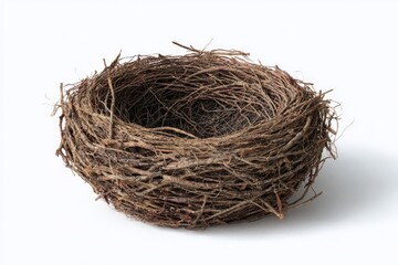 Obraz premium Empty bird's nest, crafted from twigs, sits on a plain white background