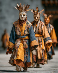 Ritual mask dance during Lhabab D&uuml;chen, Bhutan. Monks wearing colorful Cham masks and ornate costumes performing sacred movements. 