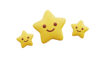 Three cheerful yellow star characters with smiling faces float against a plain space.
