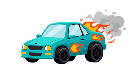 Cartoon Teal Car with Flames and Smoke on Transparent Background