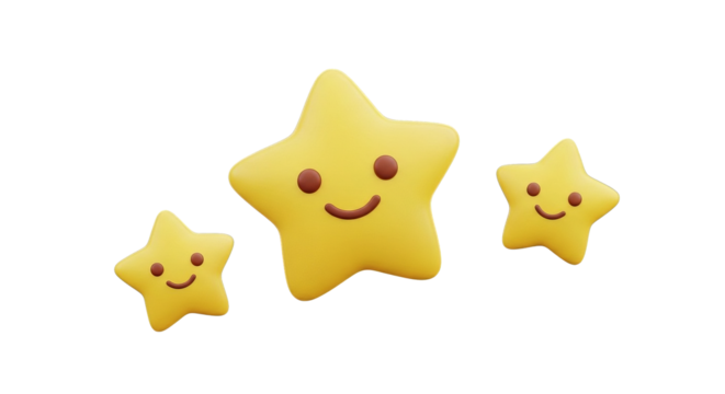 Three cheerful yellow star characters with smiling faces float against a plain space.