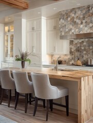 Light beige kitchen island with gray bar stools.