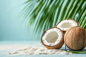 Illustration of tropical beach with coconut and sun umbrella. Creative minimal summer idea.
