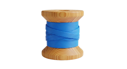 A wooden spool wrapped with bright blue rope, creating a textured and visually appealing centerpiece