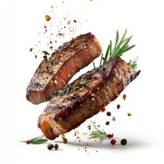 Two grilled steaks, seasoned and garnished, appear to be floating in mid-air, surrounded by a spray of spices and fresh herbs