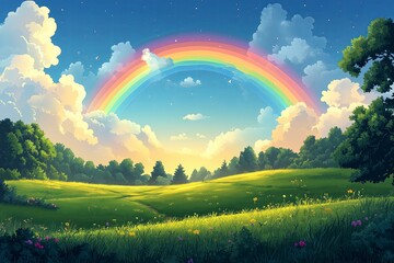 Vector illustration of Summer fields landscape with a dawn,Rainbow, green grass hills, bright color blue sky, country background,banner resting vacation.
