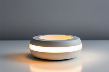 A white circular lamp with a light on it.