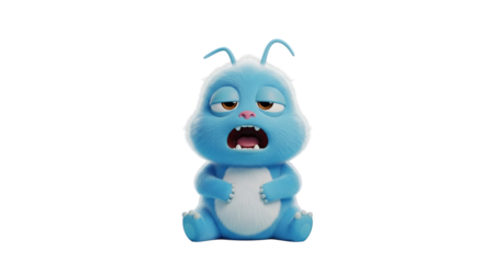 A fluffy blue cartoon monster sits sleepily with an open mouth against a plain backdrop