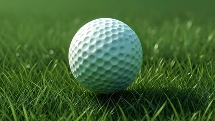 Obraz premium A pristine white golf ball rests on a lush, verdant putting green, illuminated by soft, natural light; dew drops subtly adorn the grass blades