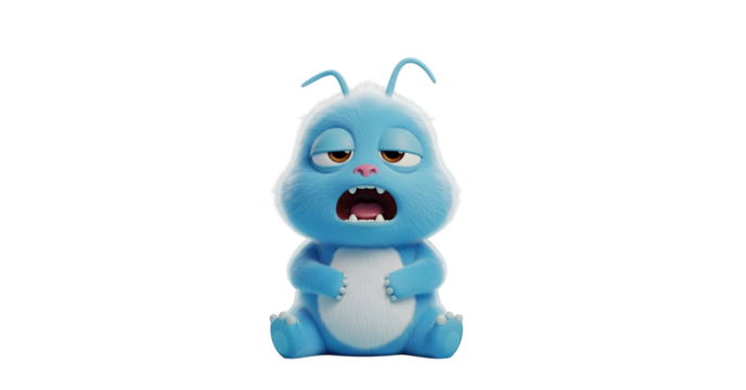 A fluffy blue cartoon monster sits sleepily with an open mouth against a plain backdrop