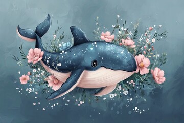 Cute whale with flowers. Digital illustration