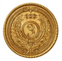 Ornate gold medal or decorative disc.  Circular, gilded, detailed.  Number 3 centered.  Surrounded by floral and  winged designs.  Detailed border