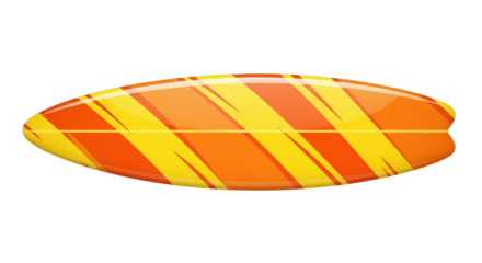 Stylized surfboard illustration with bright orange and yellow diagonal stripes evoking summer fun