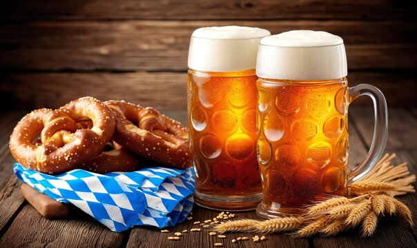 Authentic German Beer Steins with Creamy Foam and Fresh Pretzels on Bavarian Cloth