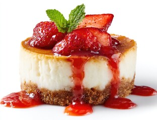 Tiny cheesecake topped with fresh strawberries and a drizzle of red sauce
