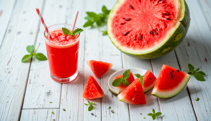 Refreshing glass of fresh watermelon juice served with sliced fruit on wooden table, symbol of summer drinks, hydration, and tropical sweetness.