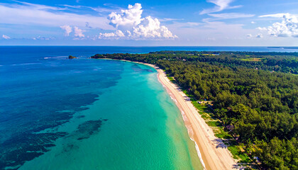 Aerial view of the stunning Miami Beach coastline showing the tropical sea and sand under a summer sky