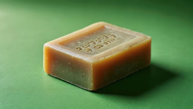 A rectangular bar of pale, mottled yellow-beige soap rests on a green surface, subtly shadowed.  Its top displays faintly embossed numbers