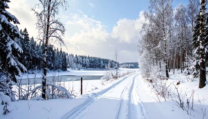 Winter wonderland with a snowy path, iced lake, and frosted trees under a sunny sky
