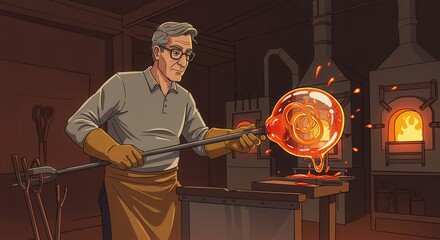 A seasoned glassblower meticulously shapes a molten glass orb in a dimly lit workshop, showcasing the artistry and precision of this craft.