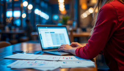 Evening cafe workspace setup with a wooden table, open laptop, stack of printed papers