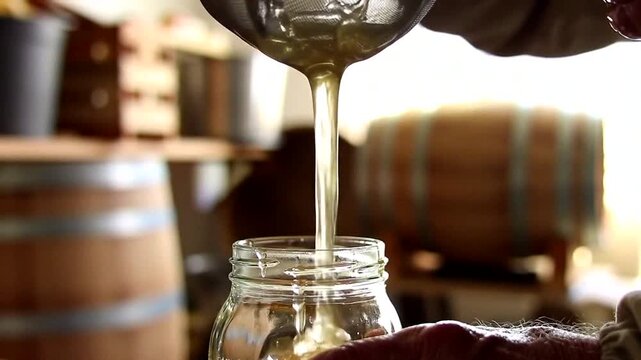 Close-up of honey being poured through a strainer into a jar, showcasing an artisanal food preparation process.