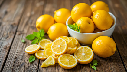 A vibrant display of whole and sliced lemons in a bowl on rustic wooden table, highlighting freshness and natural citrus flavor, perfect for healthy lifestyle and food concept.