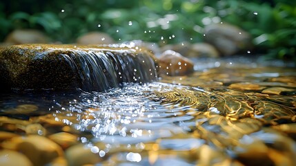 A close up view of a small waterfall flowing over a smooth rock in a clear sunlit stream with water droplets and gentle ripples
