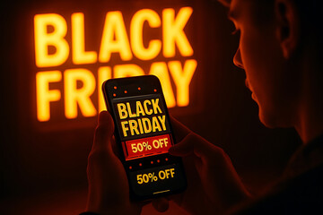 Person holding smartphone displaying black friday deals against a glowing neon sign