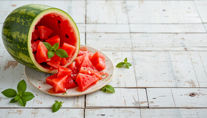 sliced watermelon on wooden table, symbol of summer freshness, hydration, and tropical sweetness.
