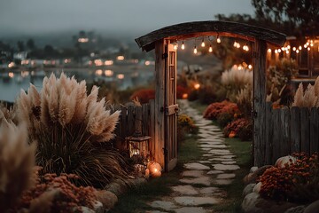 Stunning bohemian wedding setup under twilight sky high resolution picture
