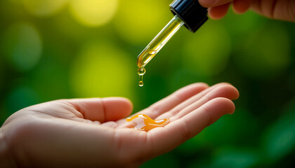 Close-up of a glass dropper releasing a drop of liquid into a hand, blurred green natural background