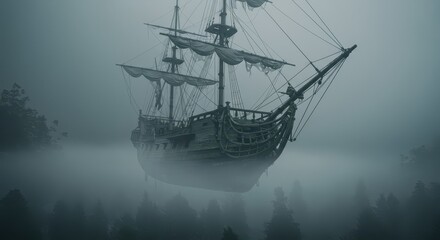 A large, antique ship floats mysteriously over a thick, misty forest.