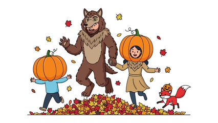 Fall Harvest Revelry: Festive costumed figures, a pumpkin, a wolf, and a fox, romp playfully amidst a vibrant pile of autumn leaves.